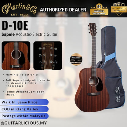 Martin D-10E Sapele Road Series Dreadnought Acoustic-Electric Guitar, Full Solid Sapele Fishman® MX-T Preamp D10E-SAP / D 10E