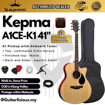 KEPMA A1CE 41 inch Grand Auditorium Semi Acoustic Guitar w K1 EQ ( A1CE-K1 / A1C 41 / A1C-41 )