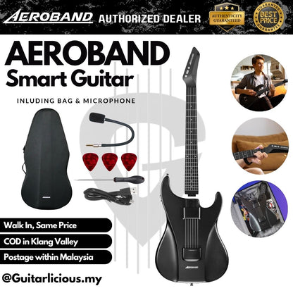 AEROBAND AeroGuitar Stringless Acoustic Electric Travel Guitar, Portable Silent Smart Guitar w/ Removable Fretboard - BLACK