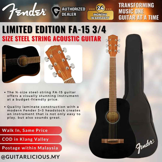 Fender Limited Edition FA-15 3/4 Size Steel String Acoustic Guitar w/ Gig Bag - Black
