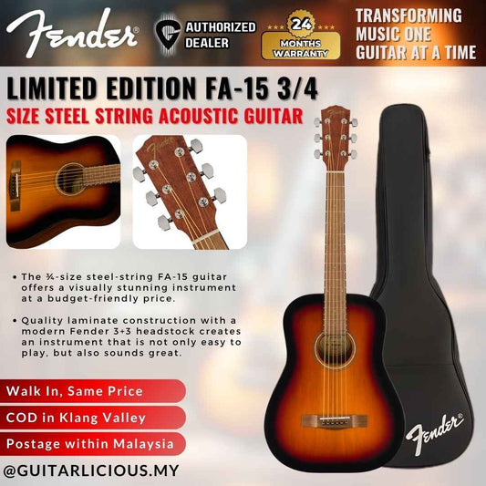 Fender Limited Edition FA-15 3/4 Size Steel String Acoustic Guitar w/ Gig Bag - Sunburst
