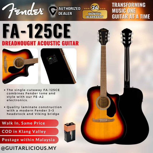 Fender FA-125CE Dreadnought Acoustic Guitar with Fender Active PIck Up, Walnut FB, sunburst