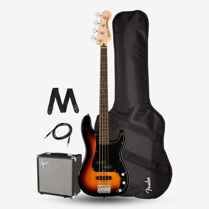 Squier By Fender Affinity Series PJ 4 String Bass Guitar Pack with Rumble 15, Laurel FB, 3-color Sunburst