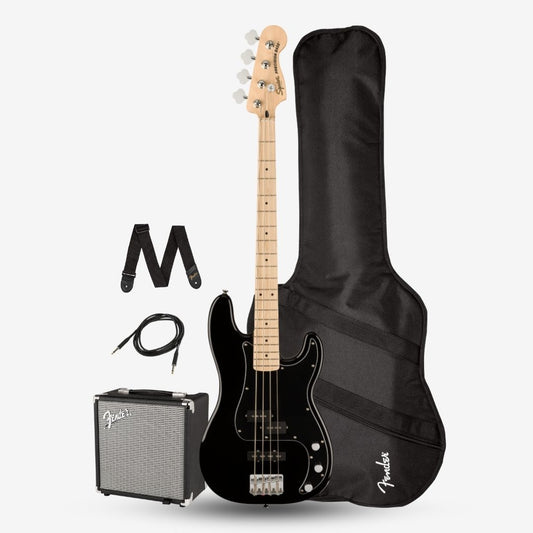 Squier By Fender Affinity Series PJ 4 String Bass Guitar Pack with Rumble 15, Maple FB, Black