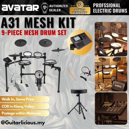 Avatar A31 Professional 9-Piece Mesh Kit Electric Drum Set (5PC Drum Pad, 4PC Cymbal Pad) - HXW / A-31