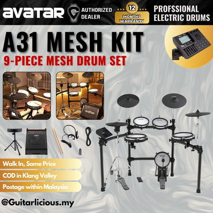 Avatar A31 Professional 9-Piece Mesh Kit Electric Drum Set (5PC Drum Pad, 4PC Cymbal Pad) - HXW / A-31