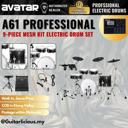 Avatar A61 Professional 9-Piece Mesh Kit Electric Drum Set with Shell (5PC Drum Pad, 4PC Cymbal Pad)