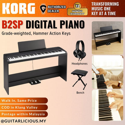 KORG B2SP 88-Key Digital Piano with Weighted Hammer Action (NH) & Triple Pedal including Keyboard Bench - BLACK