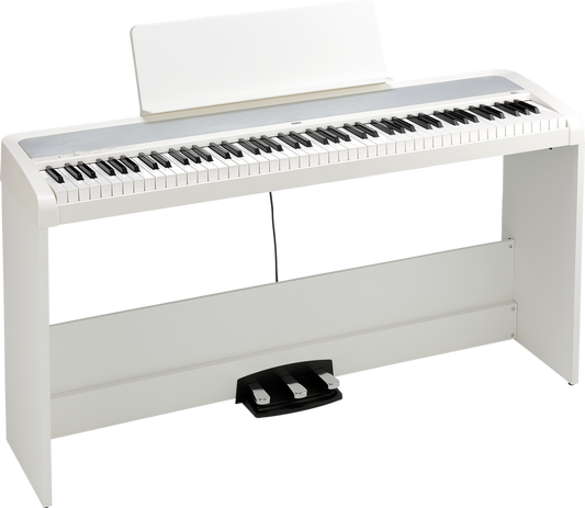 Korg B2+SP 88-Key Digital Piano in White with matching bench, note stand, and power adapter – lightweight, stylish, and perfect for home or stage use