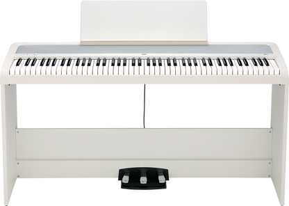 Korg B2+SP 88-Key Digital Piano in White with matching bench, note stand, and power adapter – lightweight, stylish, and perfect for home or stage use