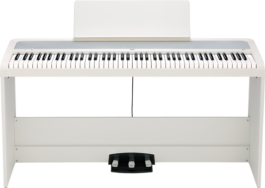 Korg B2+SP 88-Key Digital Piano in White with matching bench, note stand, and power adapter – lightweight, stylish, and perfect for home or stage use