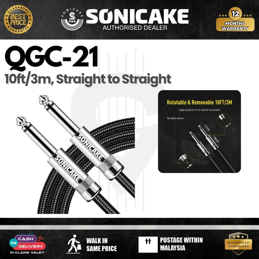 SONICAKE QGC-21 10ft / 3m Braided Guitar Cable (Straight to Straight) - Black (QGC-21)
