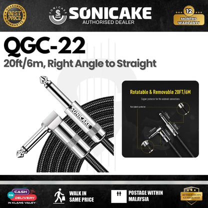 SONICAKE QGC-22 20ft / 6m Braided Guitar Cable (Right Angle to Straight) - Black (QGC-22)