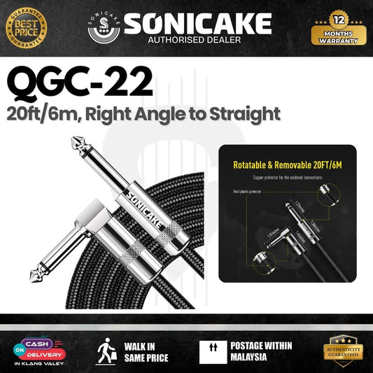 SONICAKE QGC-22 20ft / 6m Braided Guitar Cable (Right Angle to Straight) - Black (QGC-22)