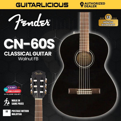Fender CN-60S Nylon String Classical Guitar, Walnut FB - Black