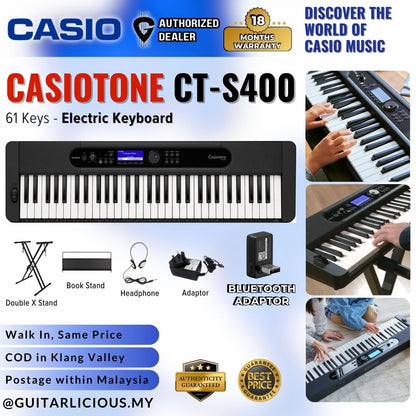 CASIO Casiotone CT-S400 61-Keys Ultra Portable Arranger Keyboard with Bluetooth Adaptor Set CTS 400 / CTS400 / CTS-400