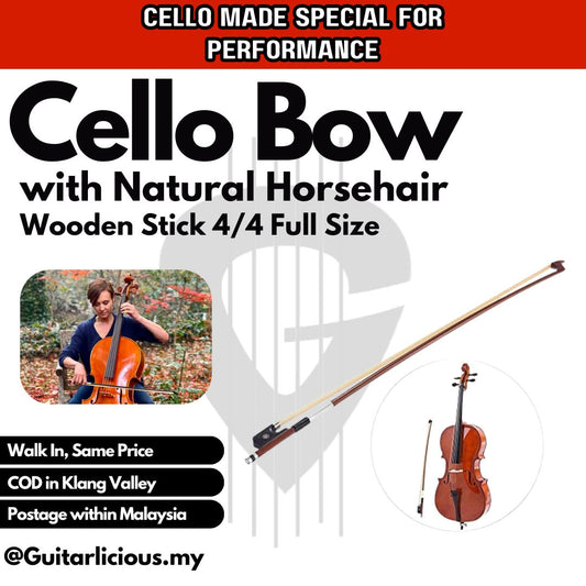 Cello Bow with Natural Horsehair, Wooden Stick in 4/4 Full Size