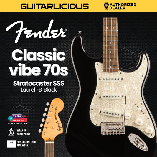 Squier by Fender Classic Vibe 70s Stratocaster (SSS) Electric Guitar wIth Tremolo, Laurel FB, Black