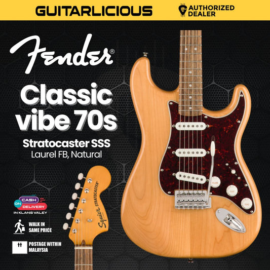 Squier by Fender Classic Vibe 70s Stratocaster (SSS) Electric Guitar wIth Tremolo, Laurel FB, Natural