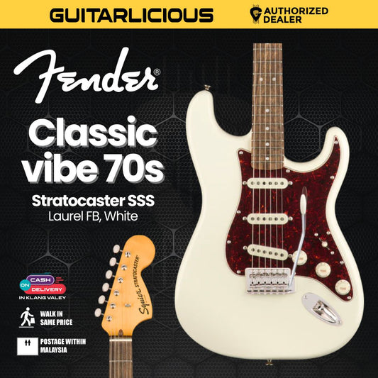 Squier by Fender Classic Vibe 70s Stratocaster (SSS) Electric Guitar wIth Tremolo, Laurel FB, Olympic White