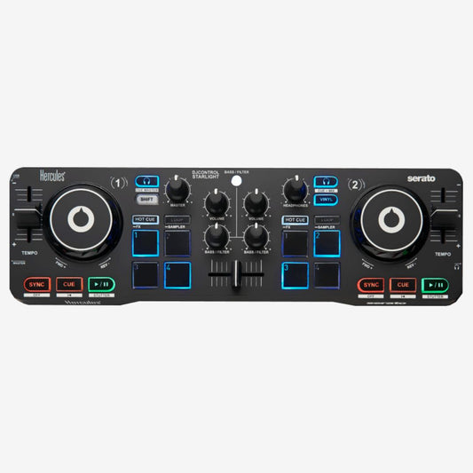 Hercules DJ DJControl Starlight Pocket USB DJ Controller with Serato DJ Lite, Illuminated base plate with RGB stroboscope, Virtual DJ Compatible with Sensitive Jog Wheels, Sound Card & Light Show