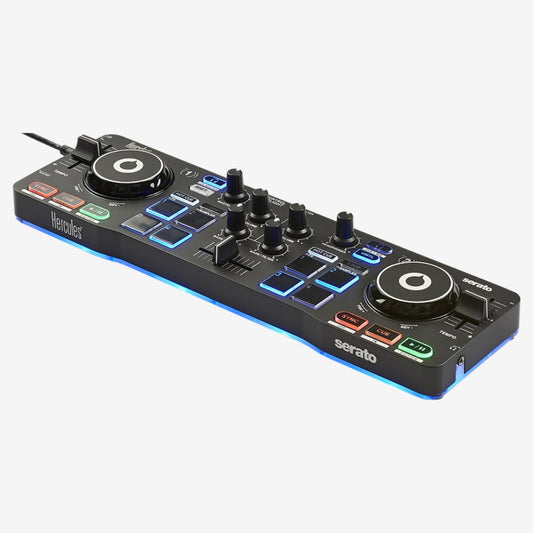 Hercules DJ DJControl Starlight Pocket USB DJ Controller with Serato DJ Lite, Illuminated base plate with RGB stroboscope, Virtual DJ Compatible with Sensitive Jog Wheels, Sound Card & Light Show