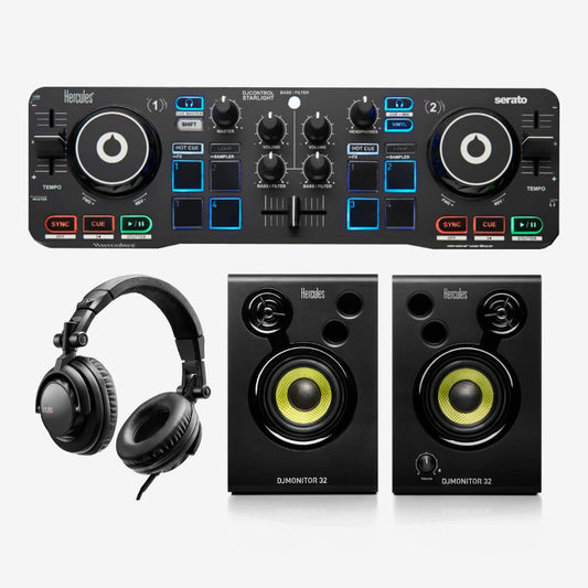 Hercules DJ Control Starter Kit Beginners w Starlight Controller, 32 DJ Speakers & HDP DJ M 40.2 Headphones / DJStarter