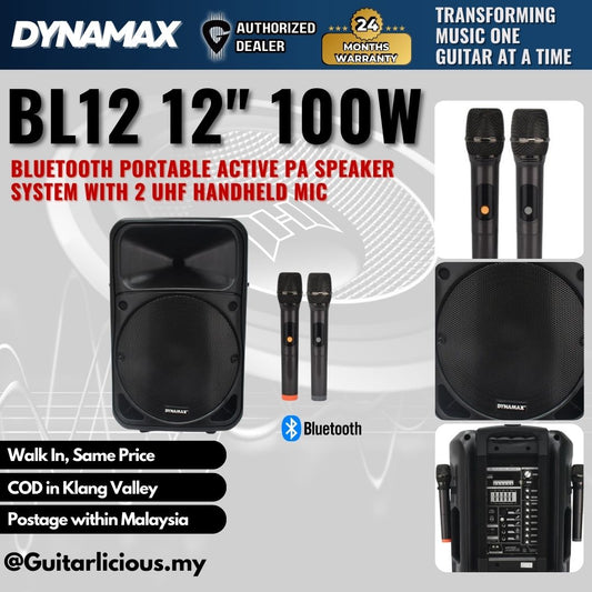 DYNAMAX BL12 12" 100W Bluetooth Portable Active PA Speaker System with 2 UHF handheld mic
