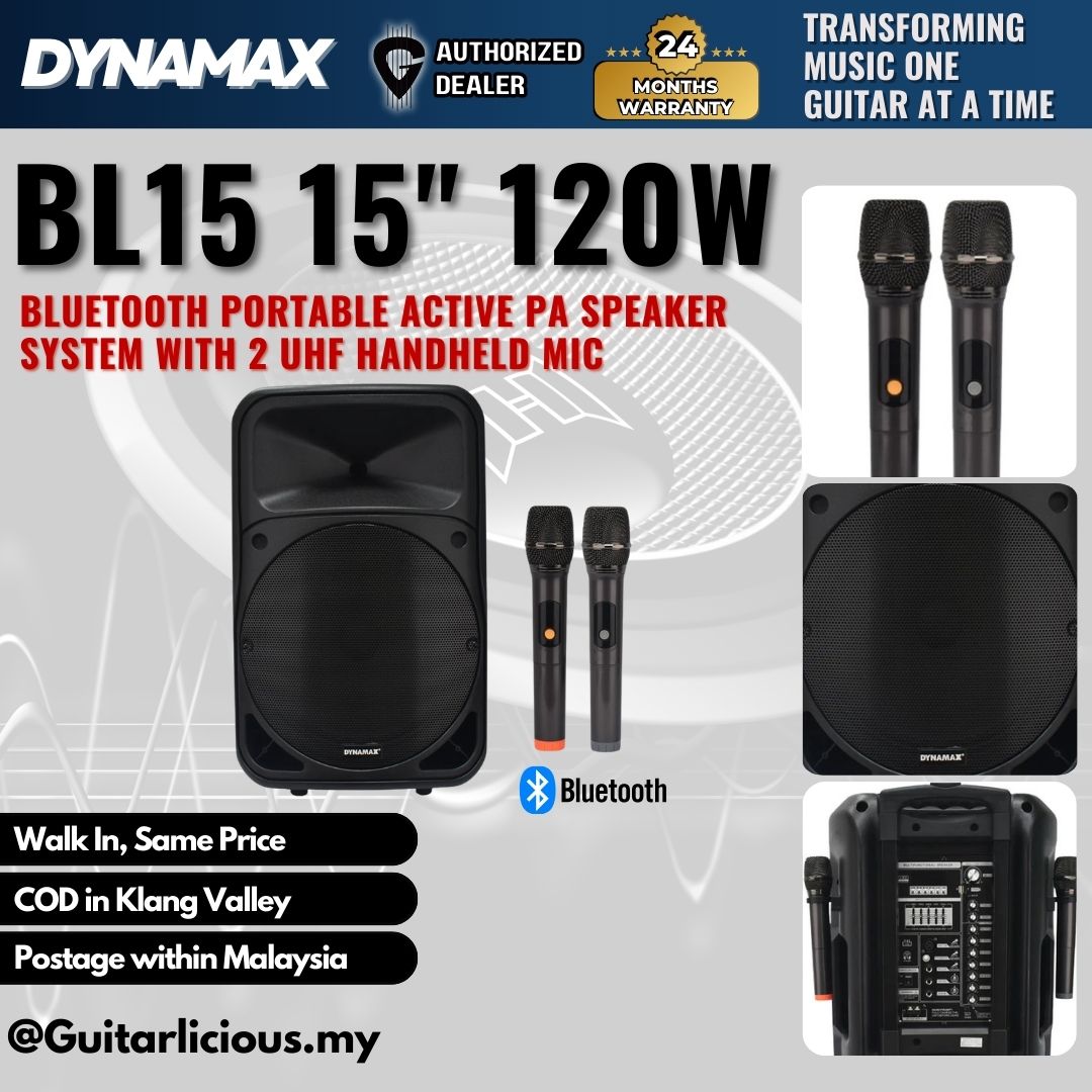 DYNAMAX BL15 15" 120W Bluetooth Portable Active PA Speaker System with 2 UHF handheld mic