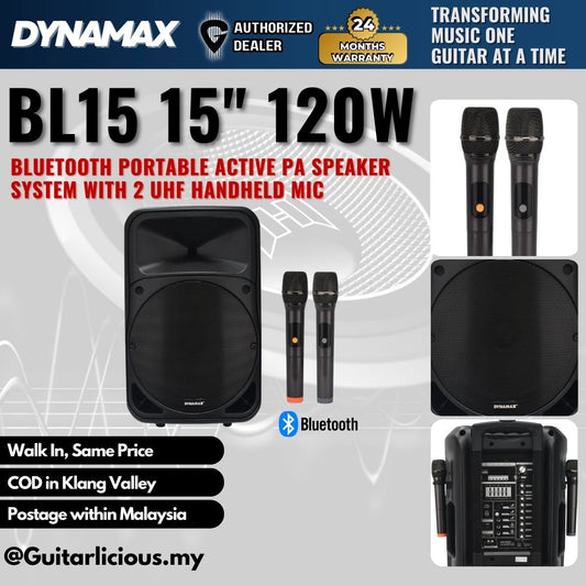 DYNAMAX BL15 15" 120W Bluetooth Portable Active PA Speaker System with 2 UHF handheld mic