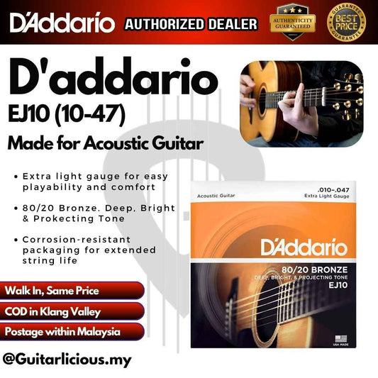 D'Addario EJ10 - 80/20 Bronze Acoustic Strings, Extra Light (10-47)
