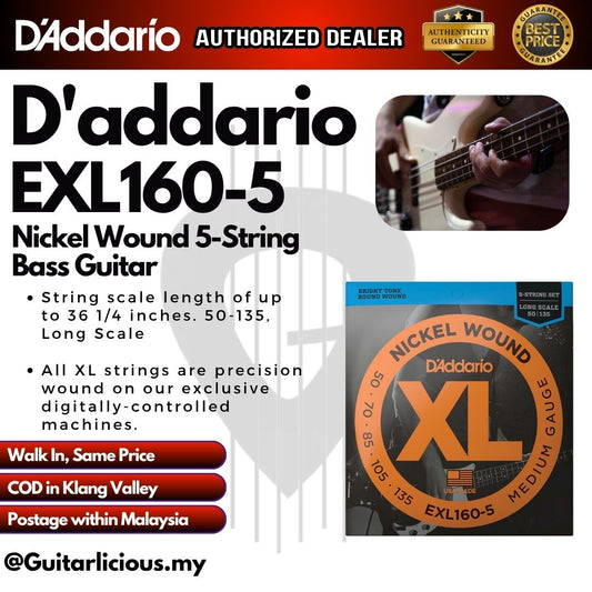D'Addario EXL160-5 Nickel Wound Bass Guitar Strings - Medium Long Scale 5-string - .050-.135 ( 050-.135)