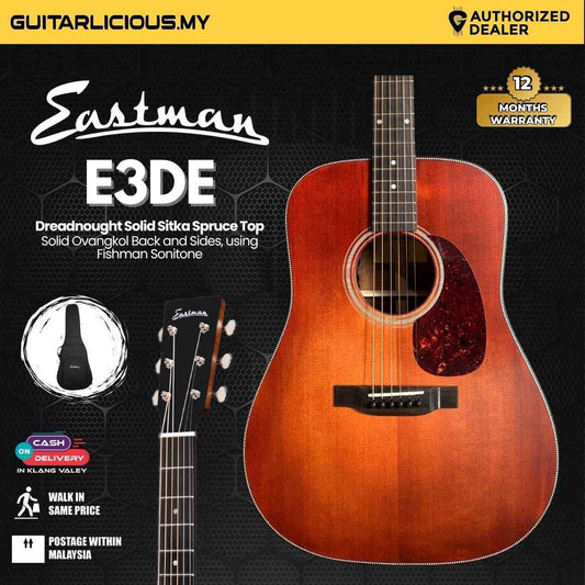 Eastman E3De Dreadnought Solid Sitka Spruce Top & Solid Ovangkol Back and Sides, using Fishman Sonitone - Classic