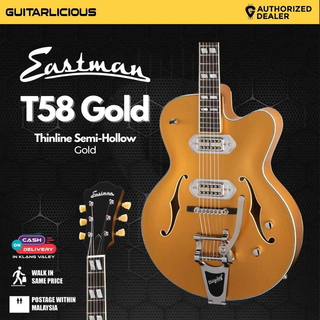 Eastman T58-GD Thinline Semi-Hollow Electric Guitar - Gold