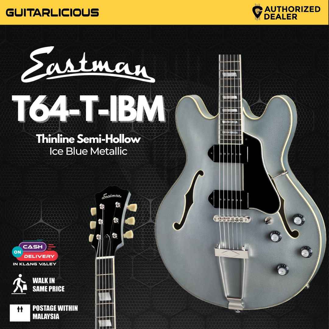 Eastman T64-T-IBM Thinline Semi-Hollow Electric Guitar - Ice Blue Metallic