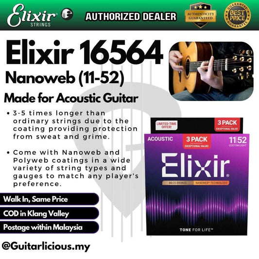 Elixir 16564 Nanoweb 80/20 Bronze Custom Light Acoustic Guitar Strings, 11-52, 3-Pack