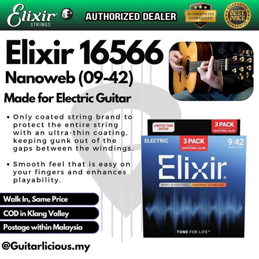 Elixir 16566 Nanoweb Electric 09-42 - 3 Pack