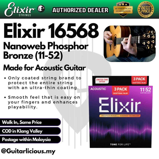 Elixir 16568 Nanoweb Phosphor Bronze Acoustic Guitar Strings, Custom Light, 11-52, 3-Pack
