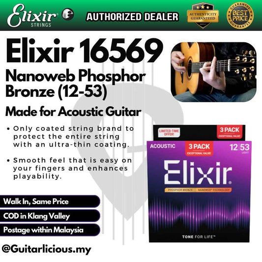 Elixir 16569 Nanoweb Phosphor Bronze Acoustic Guitar Strings, Light, 12-53, 3-Pack