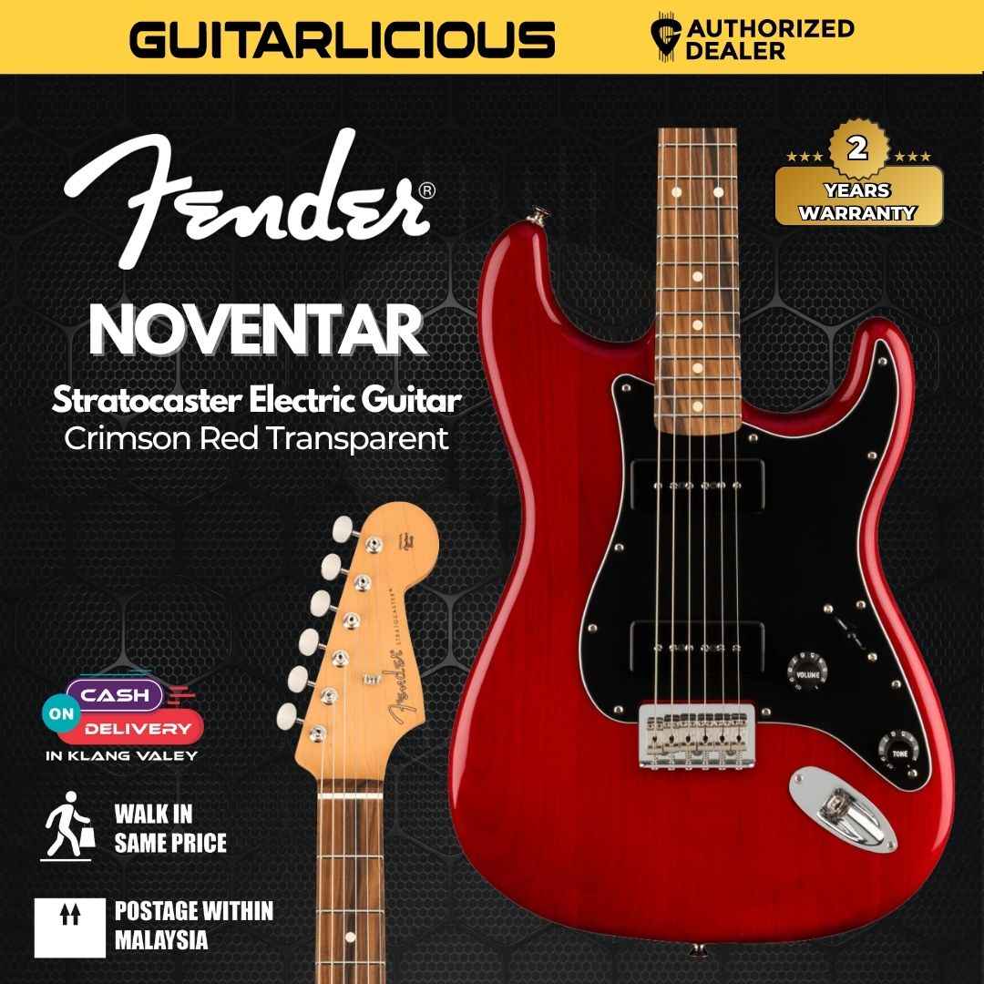 Fender Noventa Stratocaster Electric Guitar, PF FB, Crimson Red Transparent