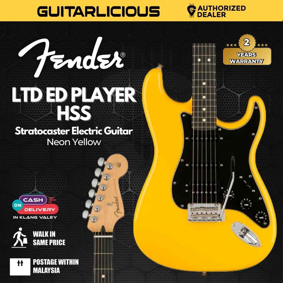 Fender Ltd Ed Player HSS Stratocaster Electric Guitar, Ebony FB, Neon Yellow