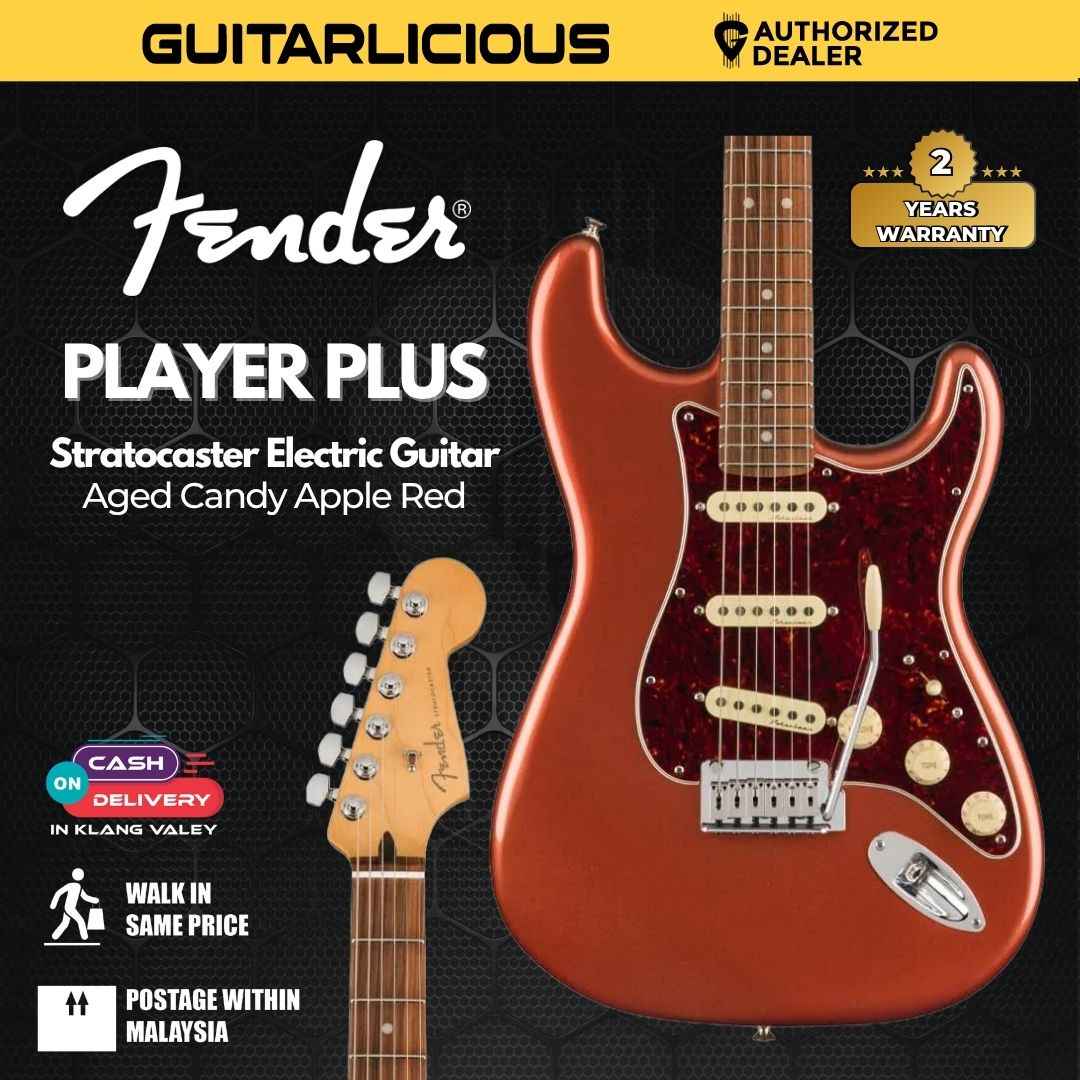 Fender Player Plus Stratocaster Electric Guitar, PF FB, Aged Candy Apple Red
