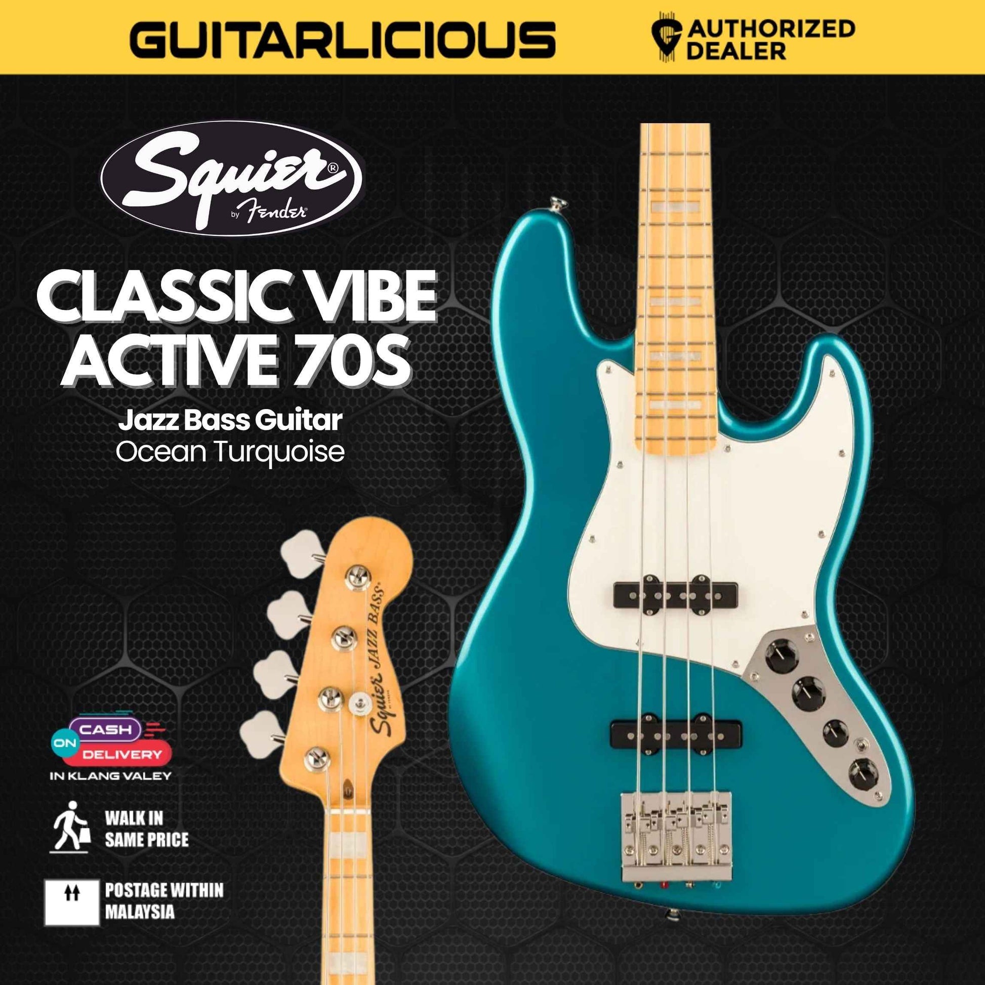 Squier Classic Vibe Active 70s Jazz Bass Guitar, Maple FB, Ocean Turquoise