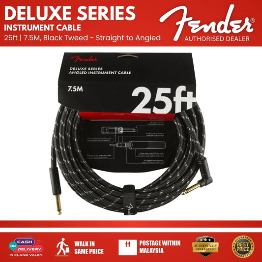 Fender Deluxe Series Angled Instrument Cable, 25ft, Black Tweed