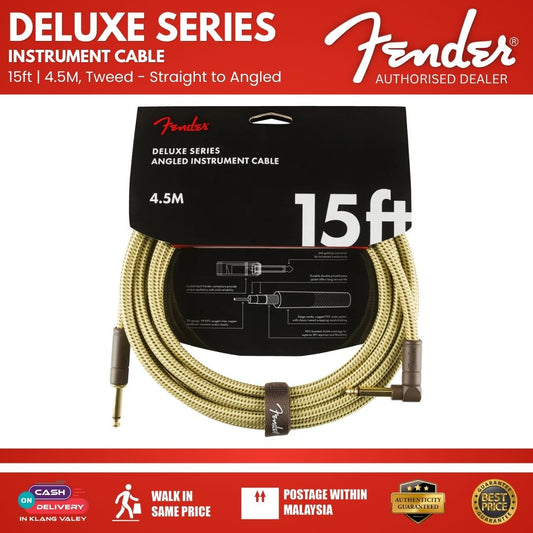 Fender Deluxe Series Angled Instrument Cable 15ft, Tweed