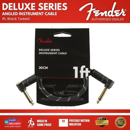 Fender Deluxe Series Angled Instrument Cable, 1ft, Black Tweed