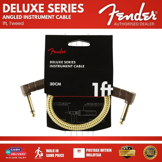 Fender Deluxe Series Angled Instrument Cable, 1ft, Tweed