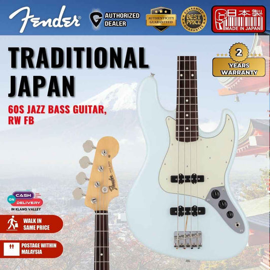 Fender Japan Traditional 60s Jazz Bass Guitar, RW FB, Sonic Blue
