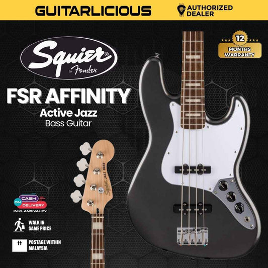 Squier FSR Affinity Series Active Jazz Bass Guitar, Laurel FB, Charcoal Frost Metallic