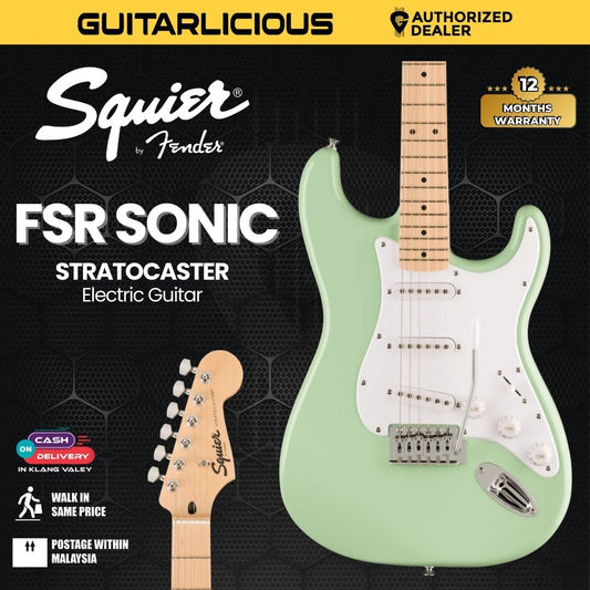 Squier FSR Sonic Stratocaster Electric Guitar w/White Pickguard, Maple FB - Surf Green